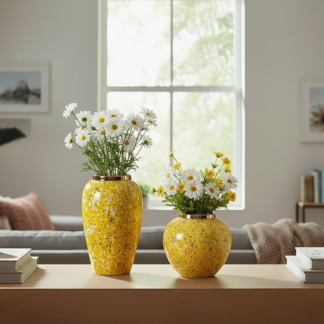 SOGA Home & Living Bundle – Yellow with White Mini Floral Ceramic Vases for Elegant Home Decor