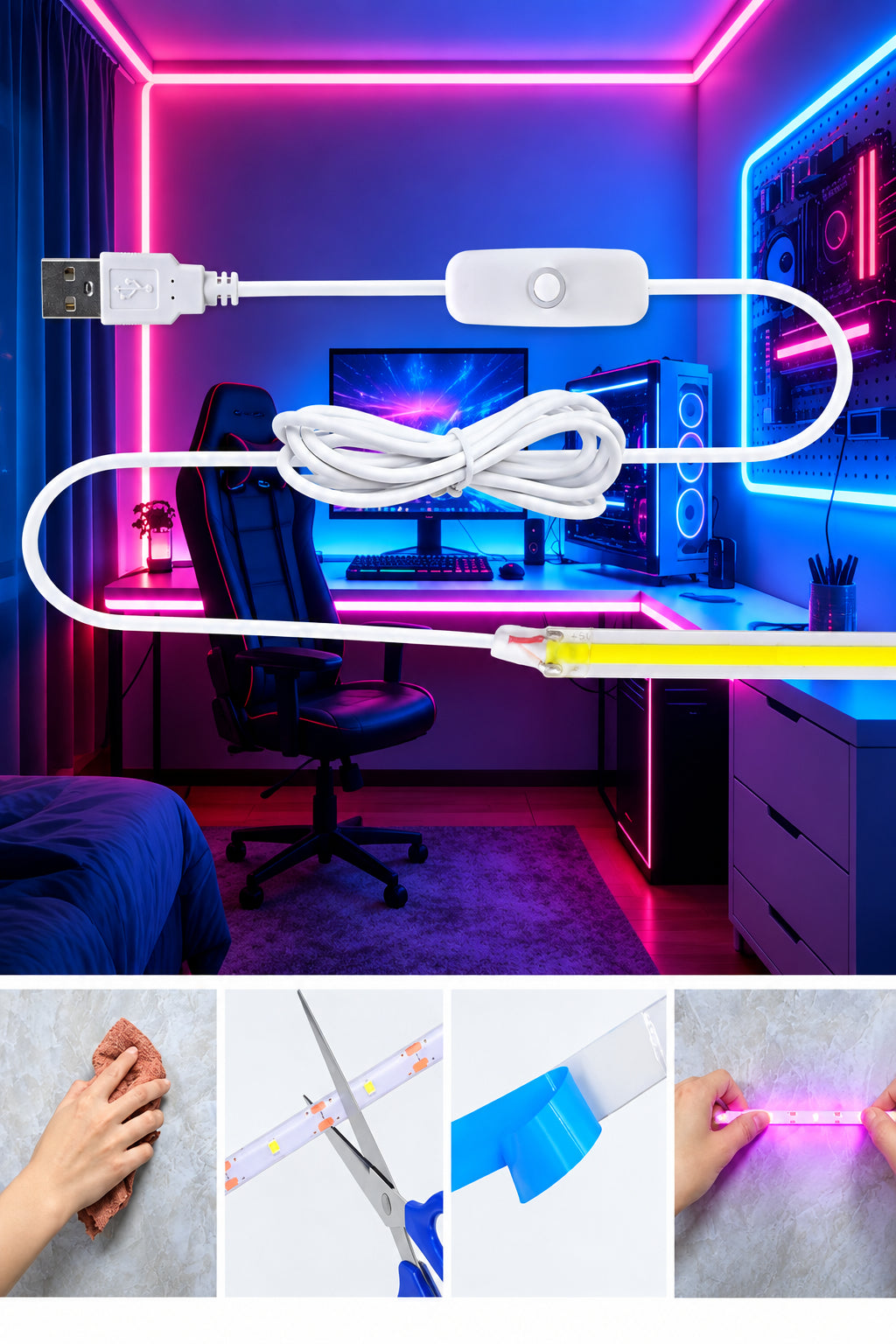 1M White LED Light Strip with Push-Button Switch