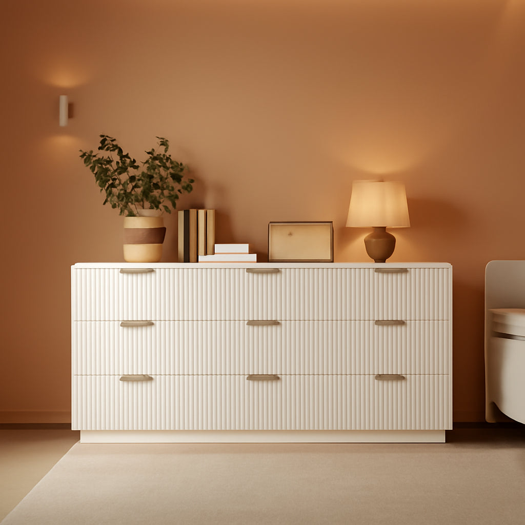 White 9 Drawer Dresser for Bedroom, 63" Wide Modern Fluted Chest of Drawers, Wooden Dresser with Gold Metal Handles, Mid Century Large Dresser TV Stand for Living Room Hallway