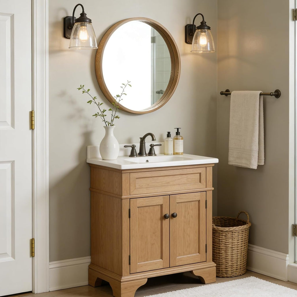 24Inch Natural Wooden Round Bathroom Wall Mirror