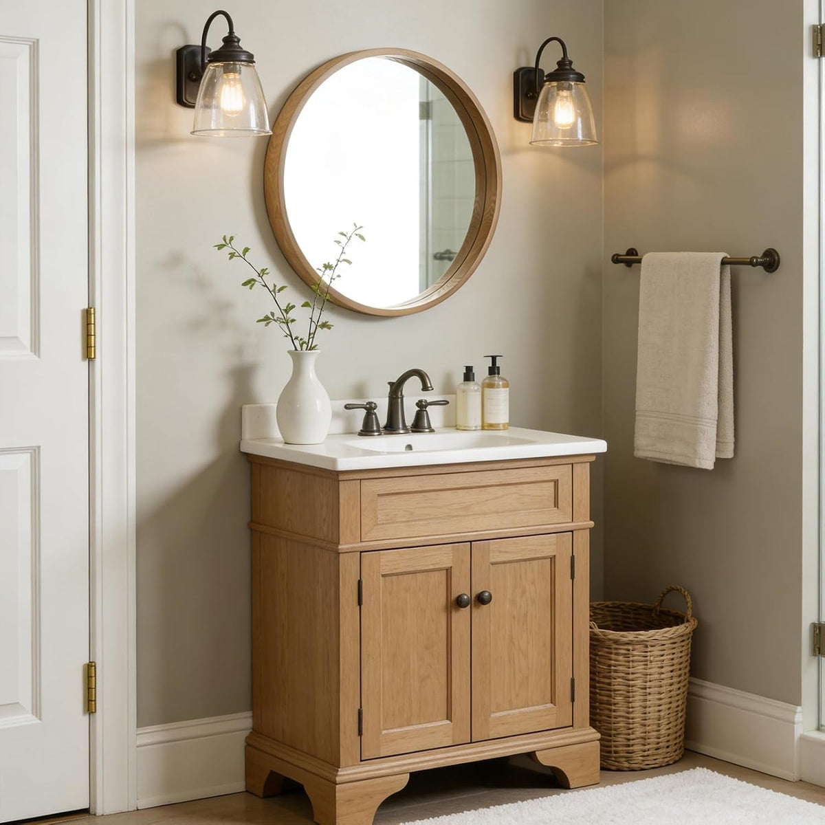 24Inch Natural Wooden Round Bathroom Wall Mirror