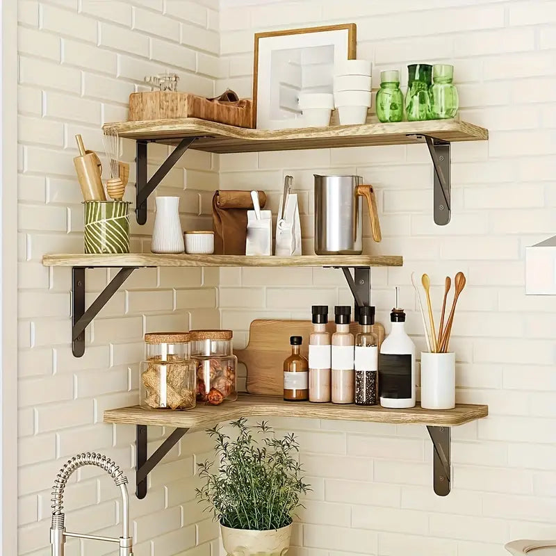 NNETM Set of 5 Rustic Wooden Corner Floating Shelves - Wall Mounted Storage Racks