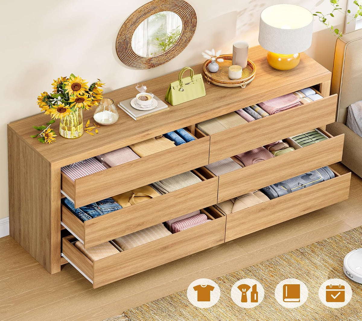 55 Inch Natural Contemporary Wooden Bedroom Dresser Six Drawers