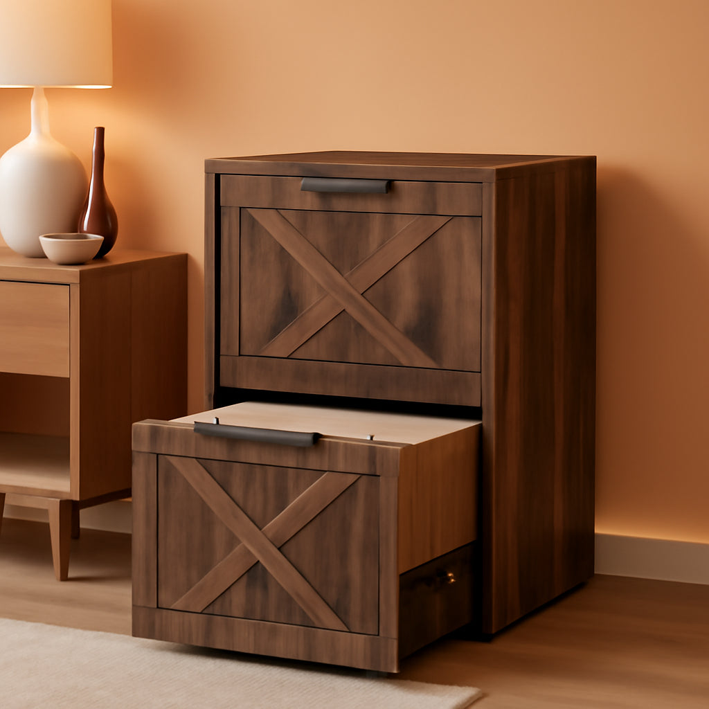 Farmhouse Two Drawer Wooden Filing Cabinet Storage