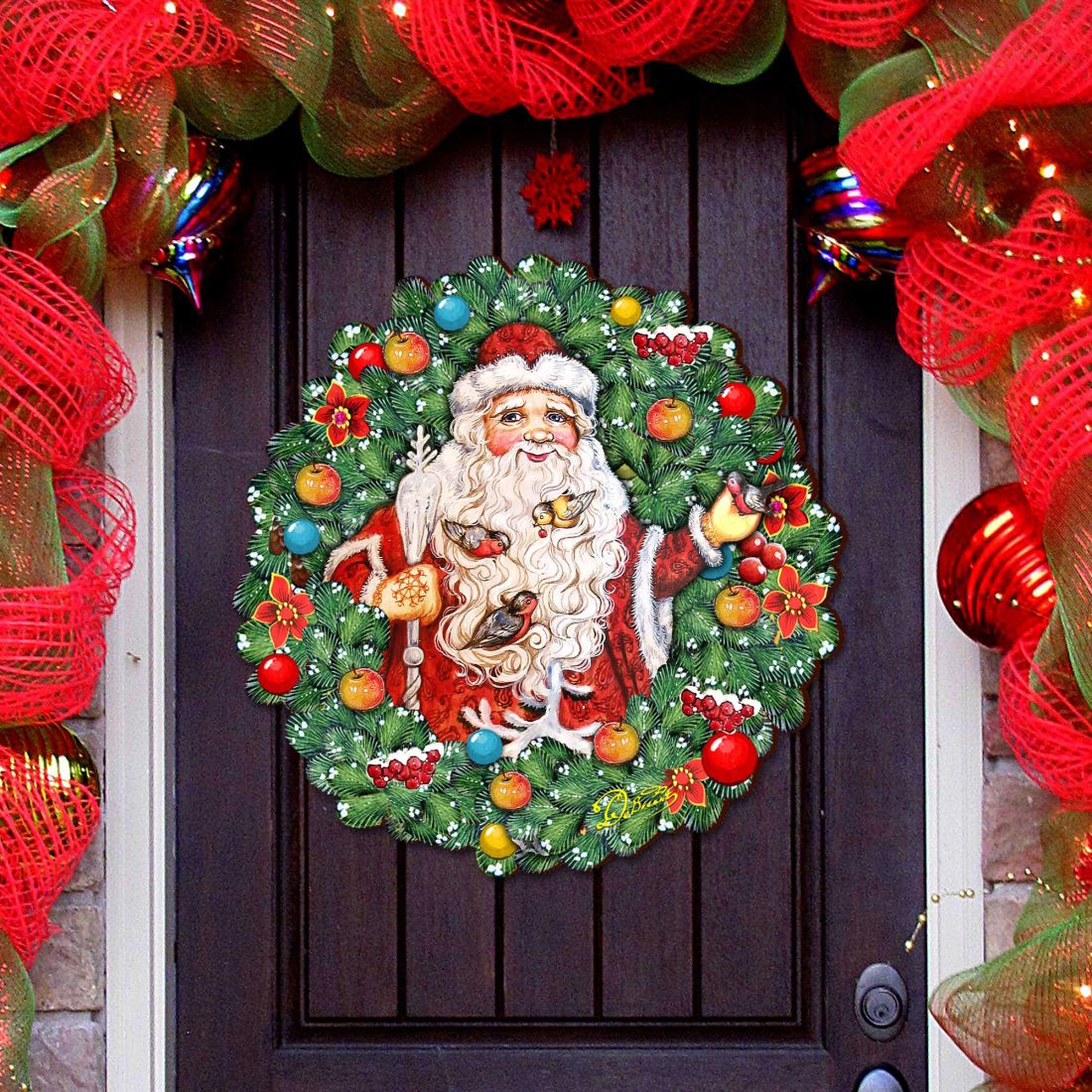 Santa Wreath with Birds Door Decor by G. DeBrekht - Christmas Santa Snowman Decor - 8185320H