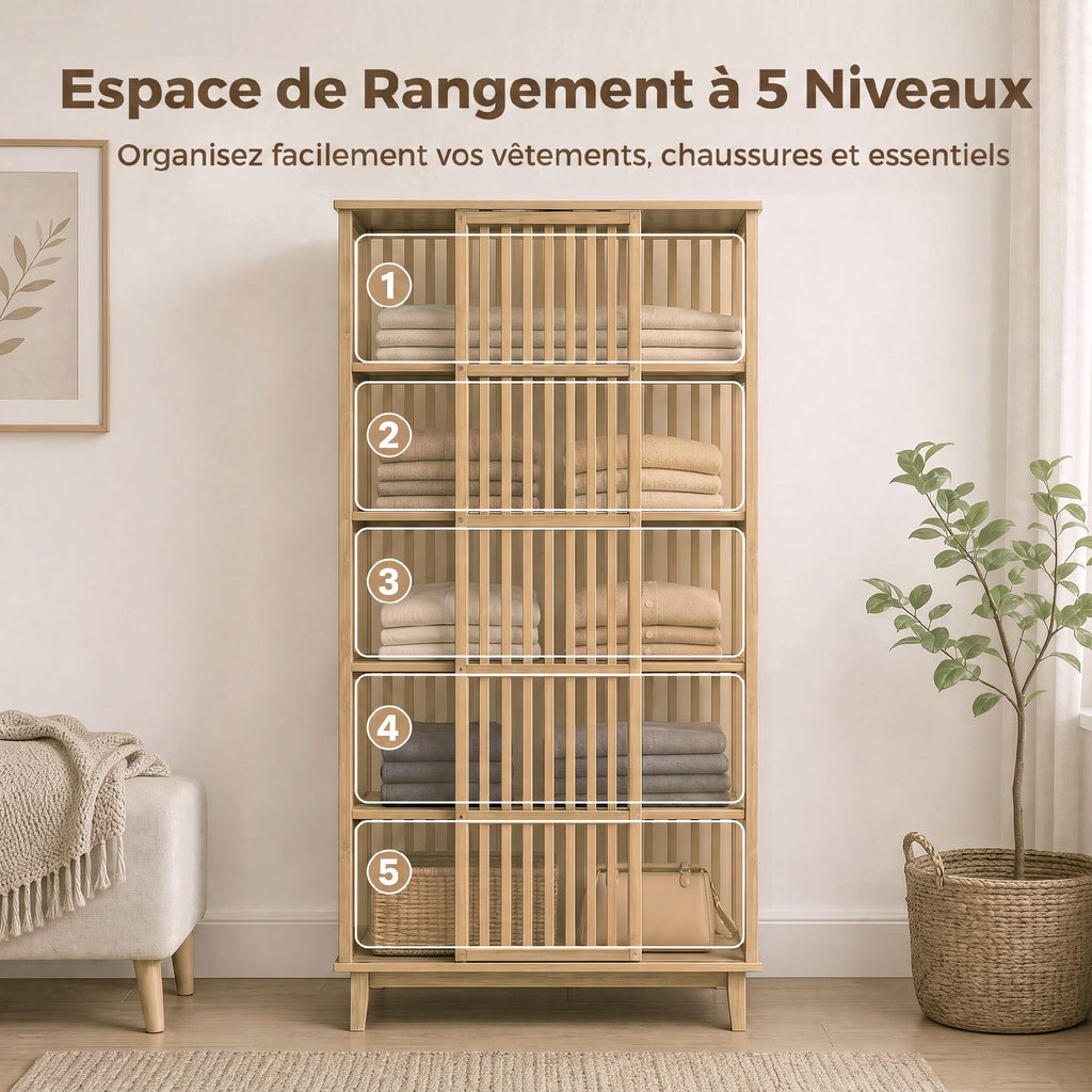 Armoire Chambre Penderie en Bambou 5 Niveaux avec Porte Coulissante, Design Aéré à Lattes, Bois Naturel
