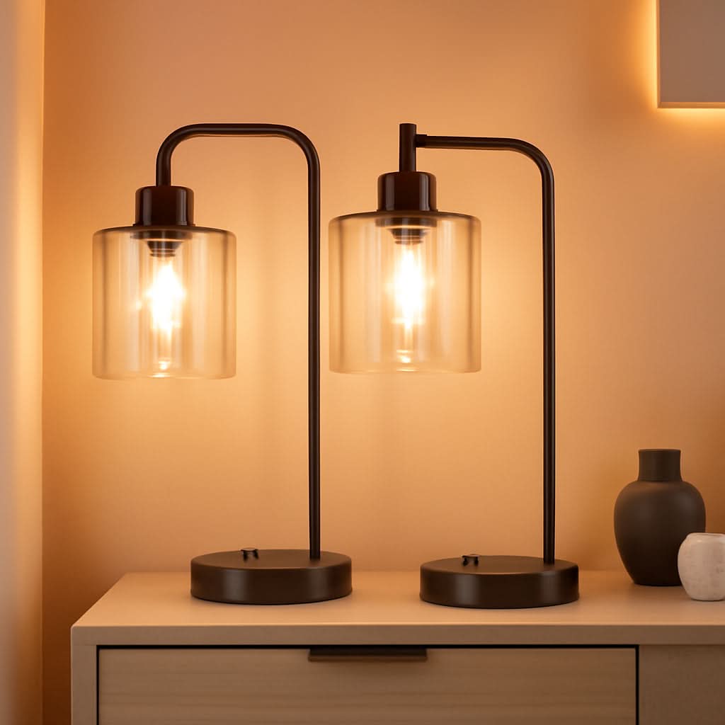 Brown Table Lamps 3-Way Dimmable With USB Ports Set Of 2