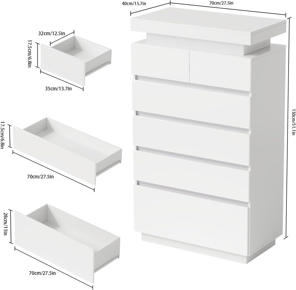 White 6 Drawer High Gloss Dresser Featuring Integrated Led Lights