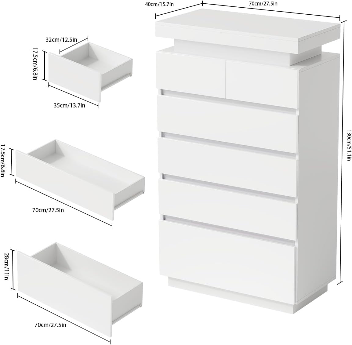 White 6 Drawer High Gloss Dresser Featuring Integrated Led Lights