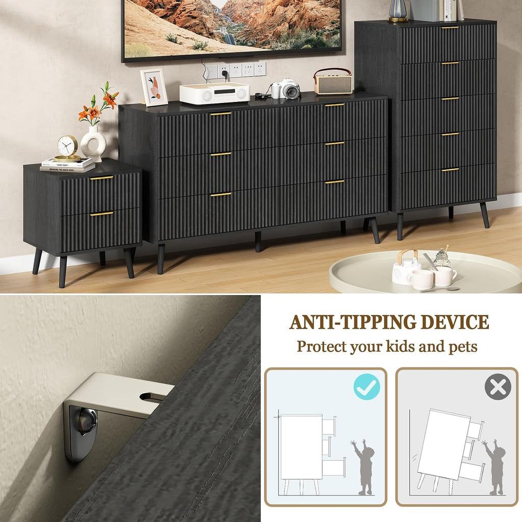 55InchWide Black Fluted Six Drawer Bedroom Dresser