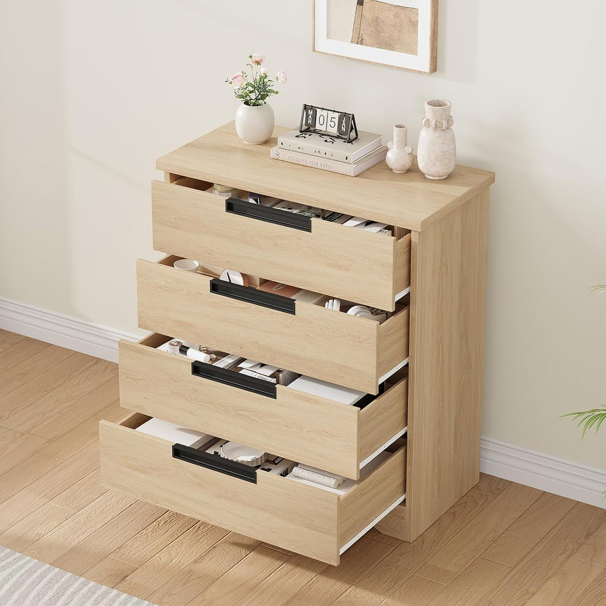 Natural Wooden Dresser With Embedded Drawer Handles