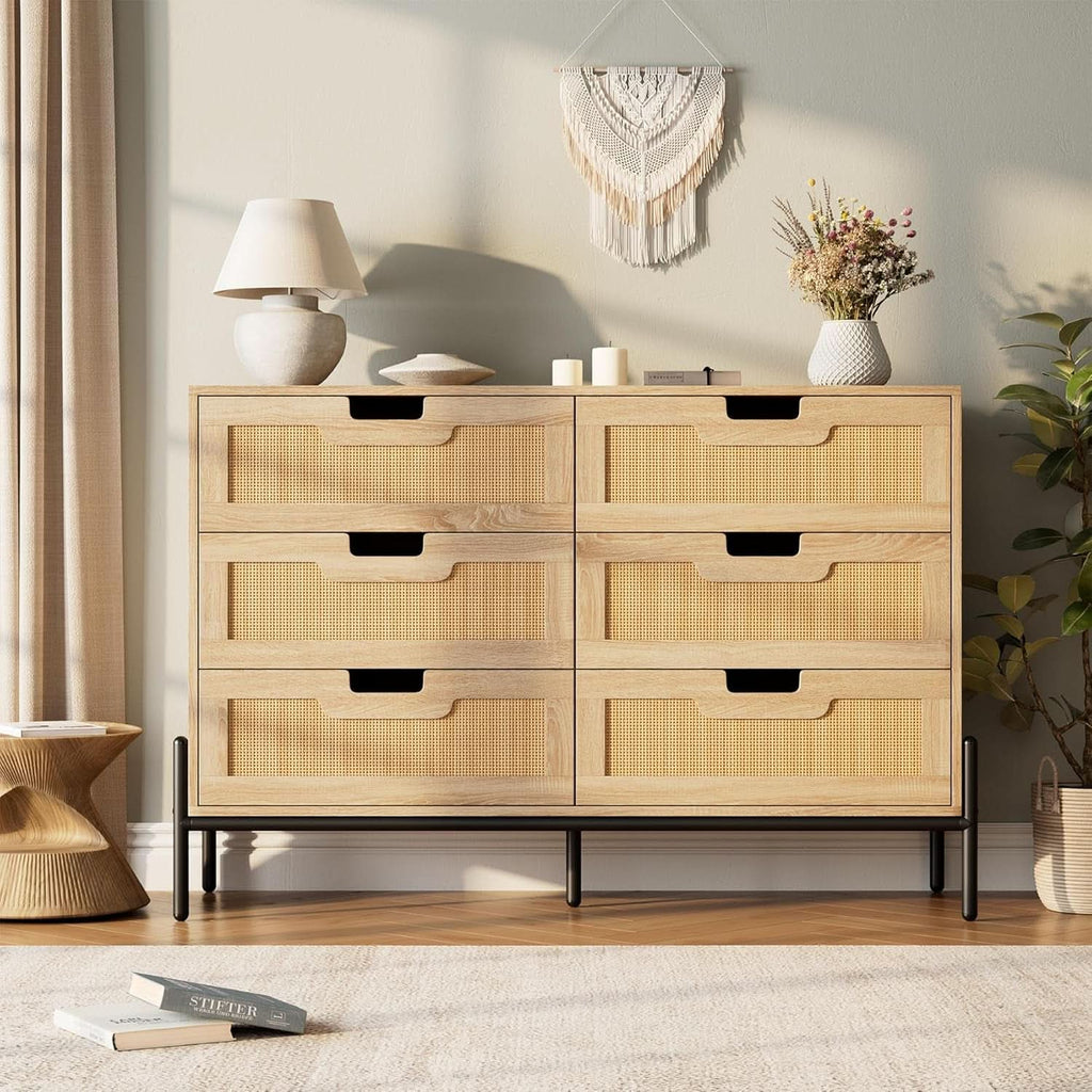Rattan Open work Braided Chest Of Six Drawers Walnut Finish