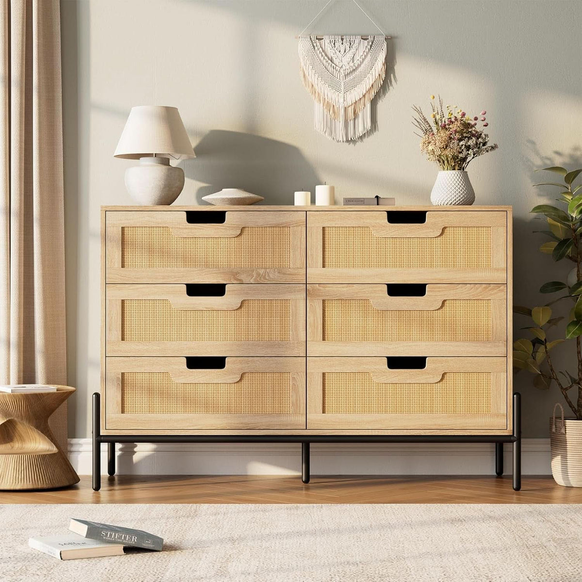 Rattan Open work Braided Chest Of Six Drawers Walnut Finish