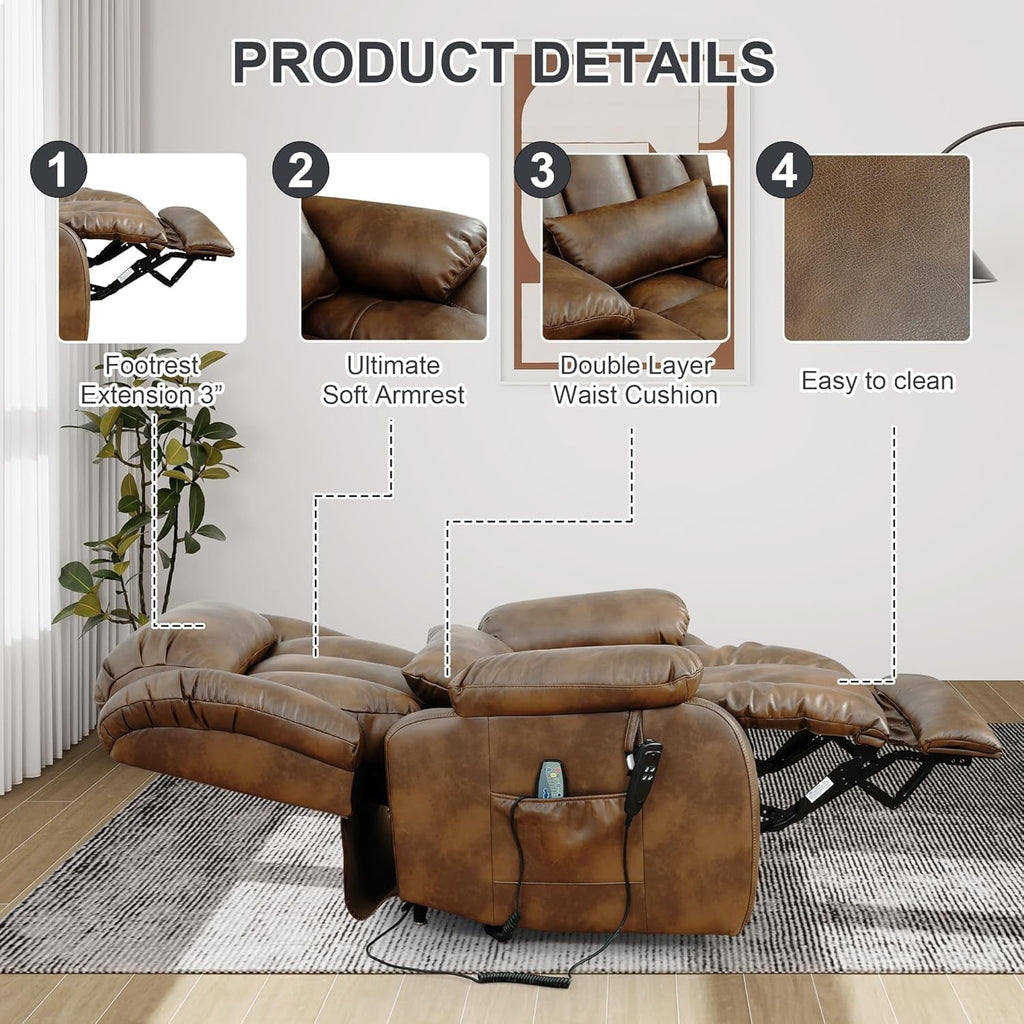 Oversized Genuine Leather Power Lift Recliner Chair