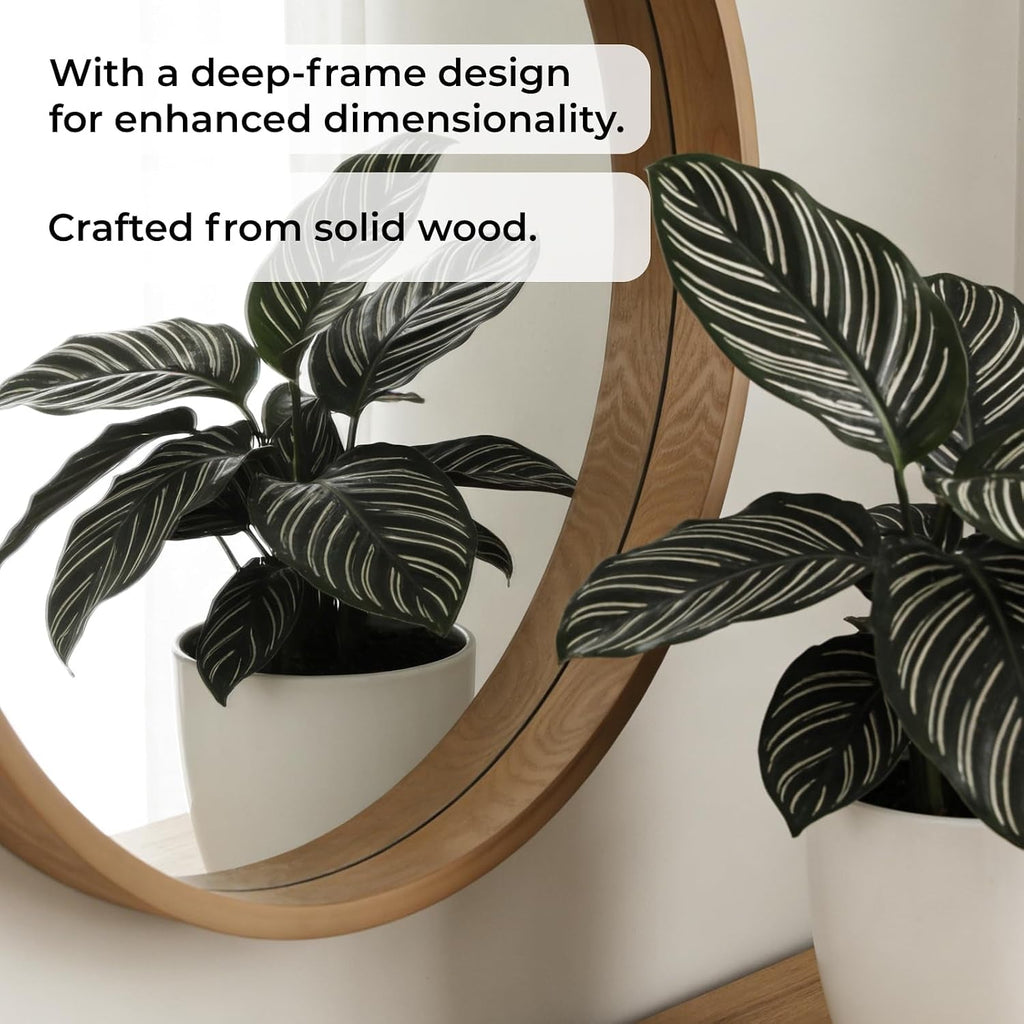 24Inch Natural Wooden Round Bathroom Wall Mirror