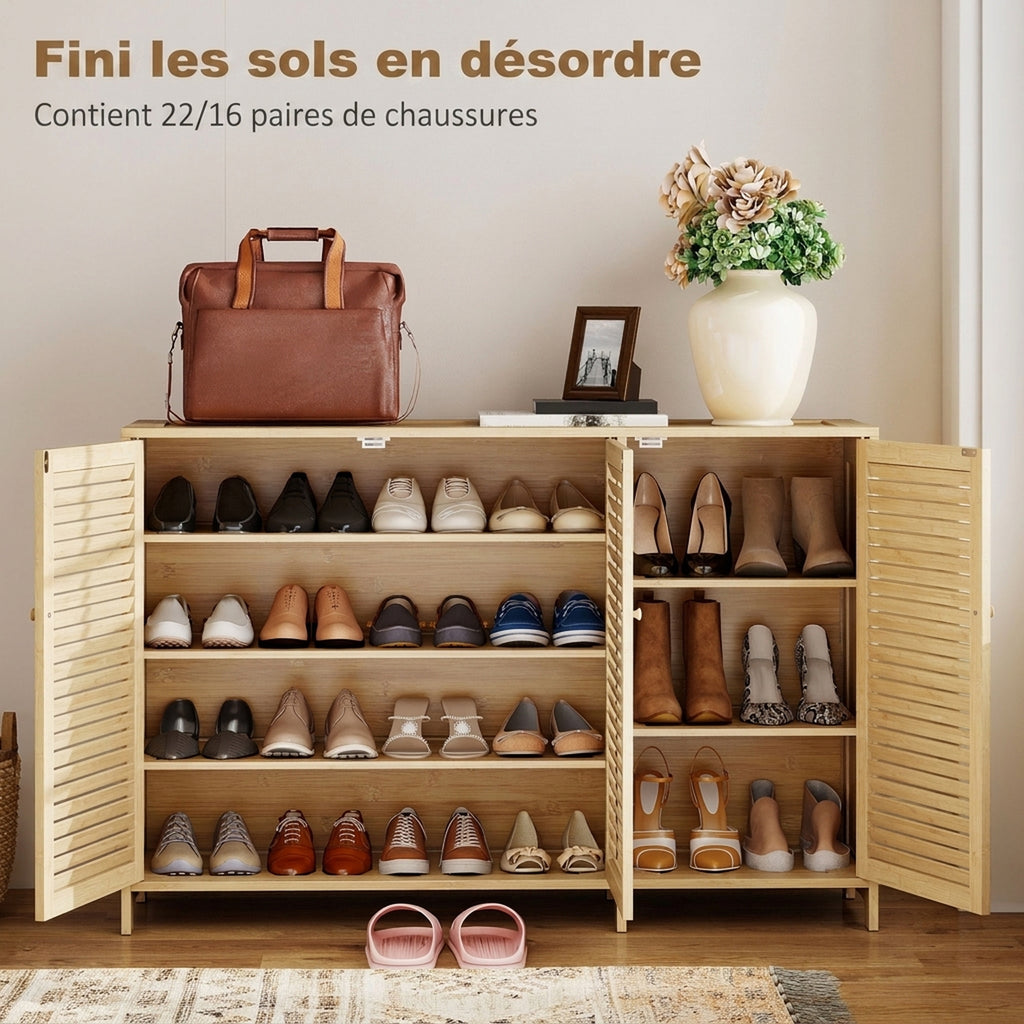Meuble à chaussures en bambou 18 paires, armoire à chaussures avec portes persiennes et étagères réglables, bois naturel