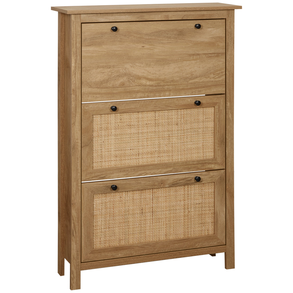 Meuble à chaussures étagère à chaussures armoire 3 portes abattants effet cannage rotin - en bois bois naturel