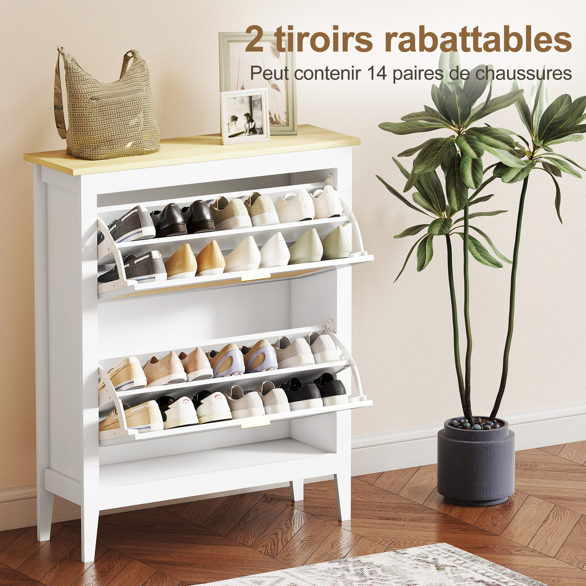 Meuble à chaussures 14 paires bohème avec 2 tiroirs rabattables, portes effet cannage rotin, 80 x 24 x 95,5 cm, blanc