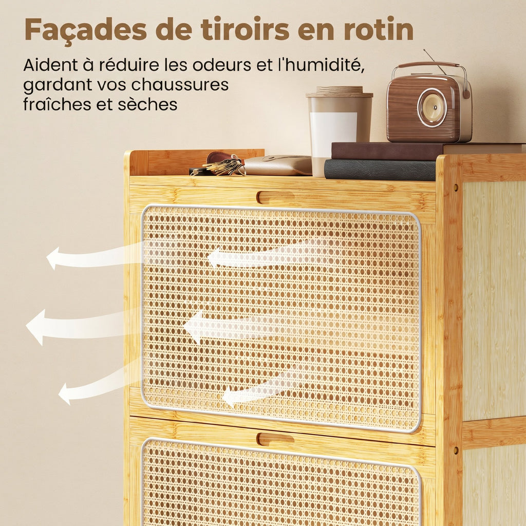 Meuble à chaussures 14 paires, armoire à chaussures 2 tiroirs rabattables, étagères réglables, 69x29x83cm, bois naturel