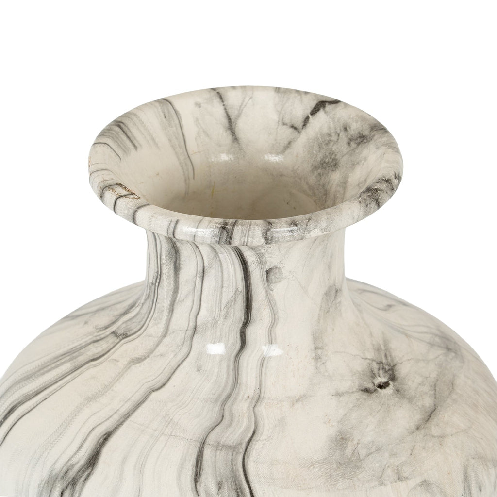 Marble Effect Squat Vase - White Ceramic Decorative Vase