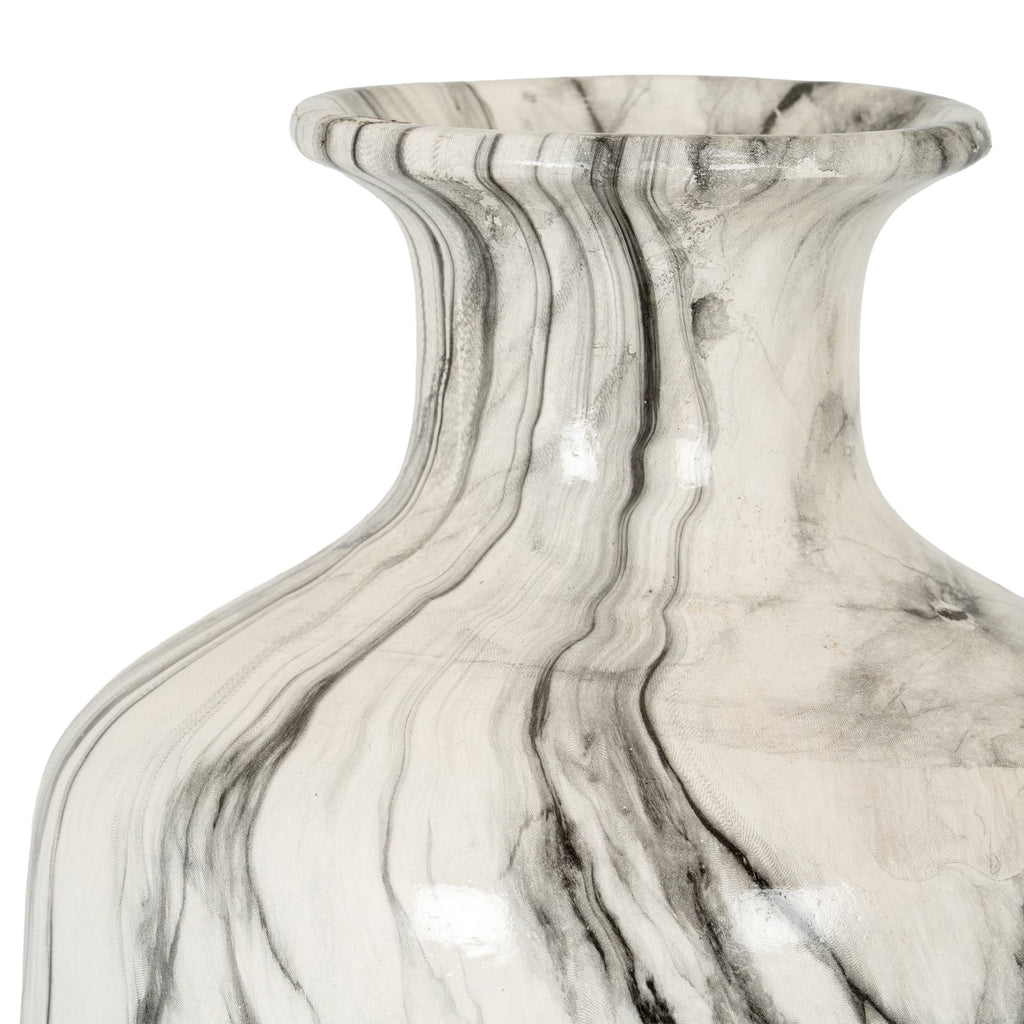 Marble Effect Squat Vase - White Ceramic Decorative Vase