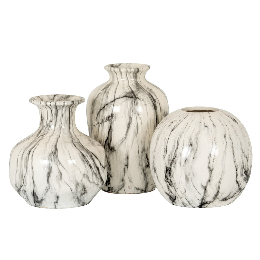 Marble Effect Squat Vase - White Ceramic Decorative Vase