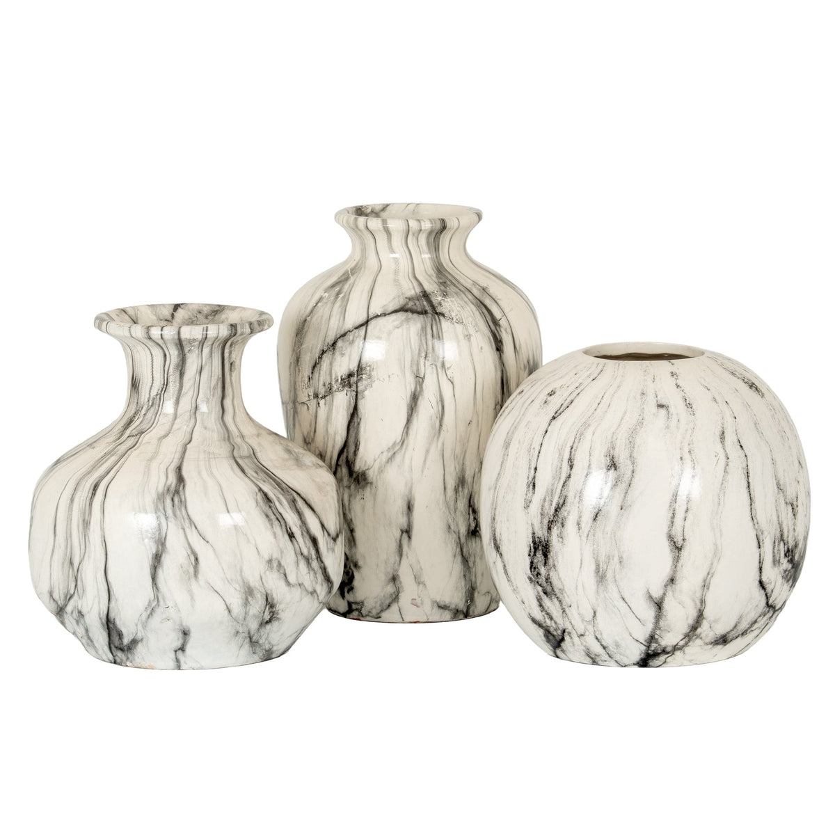 Marble Effect Squat Vase - White Ceramic Decorative Vase