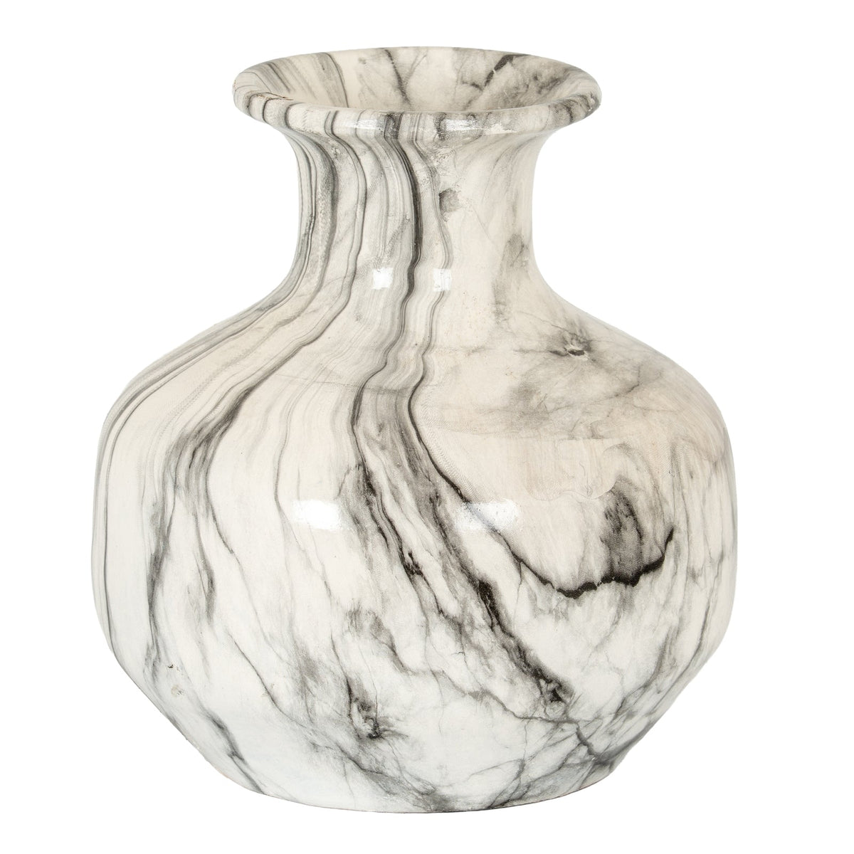 Marble Effect Squat Vase - White Ceramic Decorative Vase