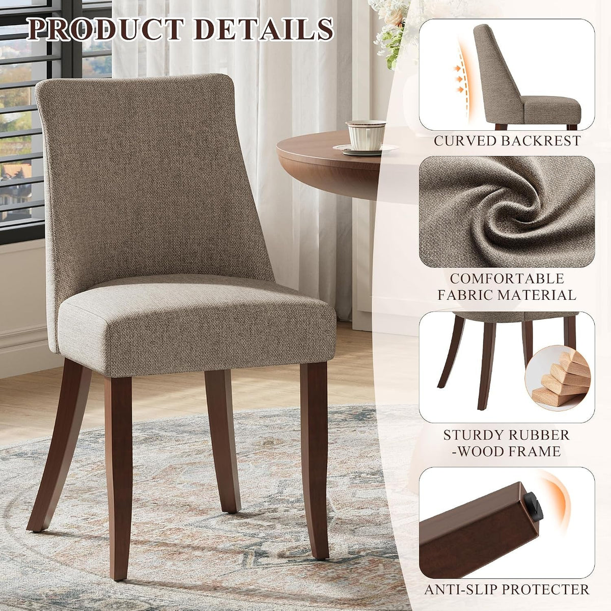 Brown Fabric Upholstered Dining Chairs, Four-Piece Set