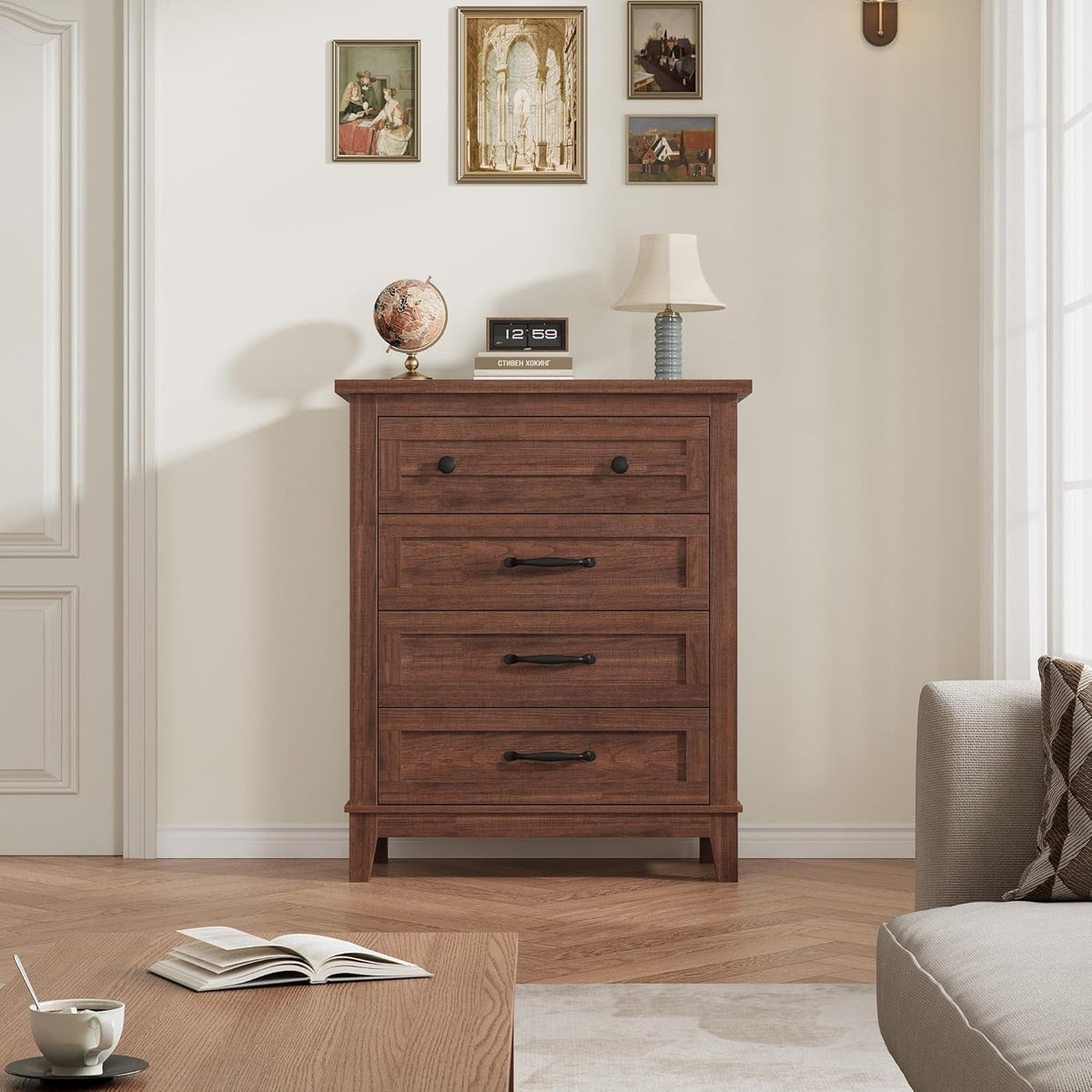 Four Drawer Walnut Vertical Bedroom Storage Dresser