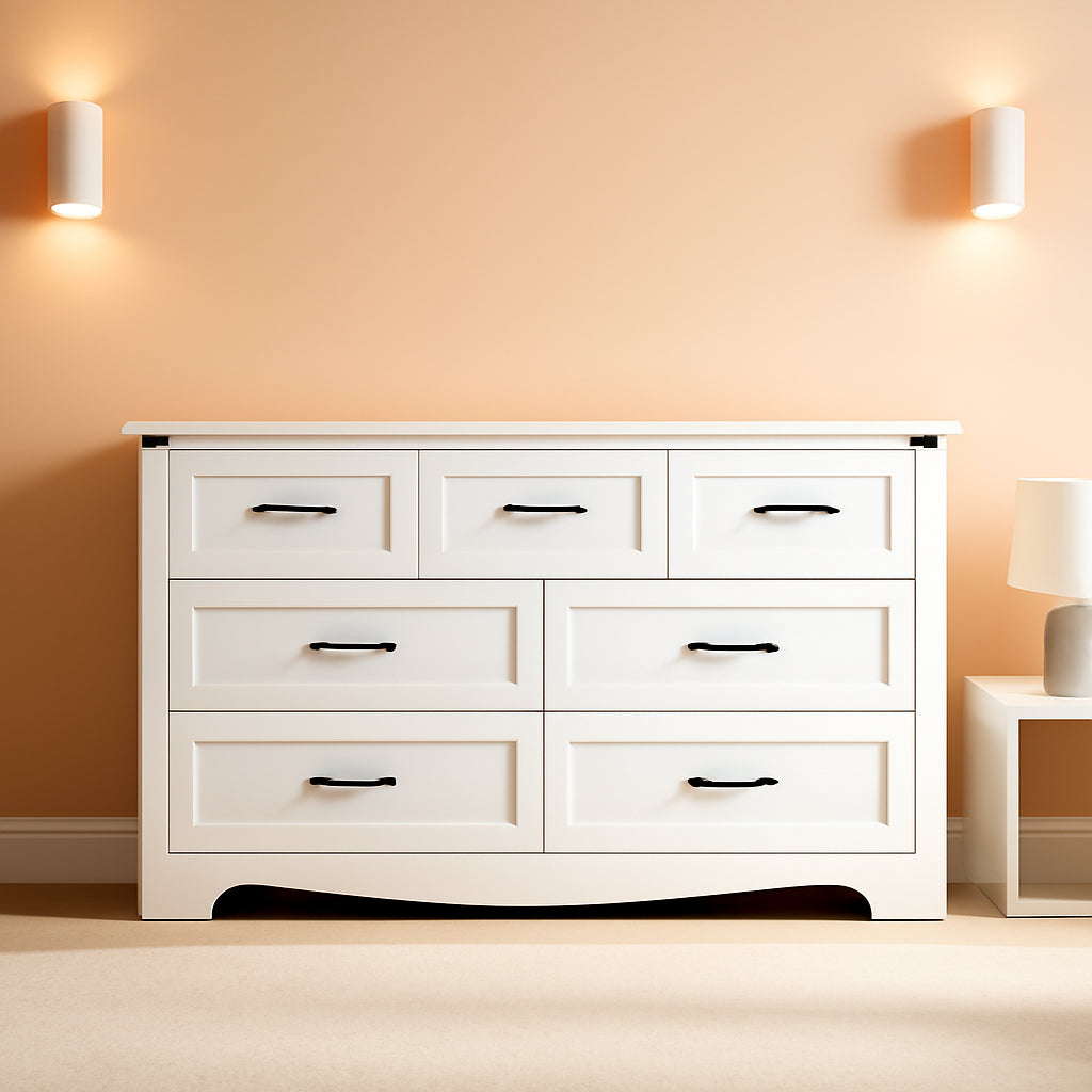 Seven Drawer Wooden Bedroom Storage Dresser Organizer With Metal Handles