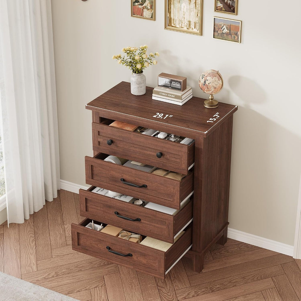 Four Drawer Walnut Vertical Bedroom Storage Dresser