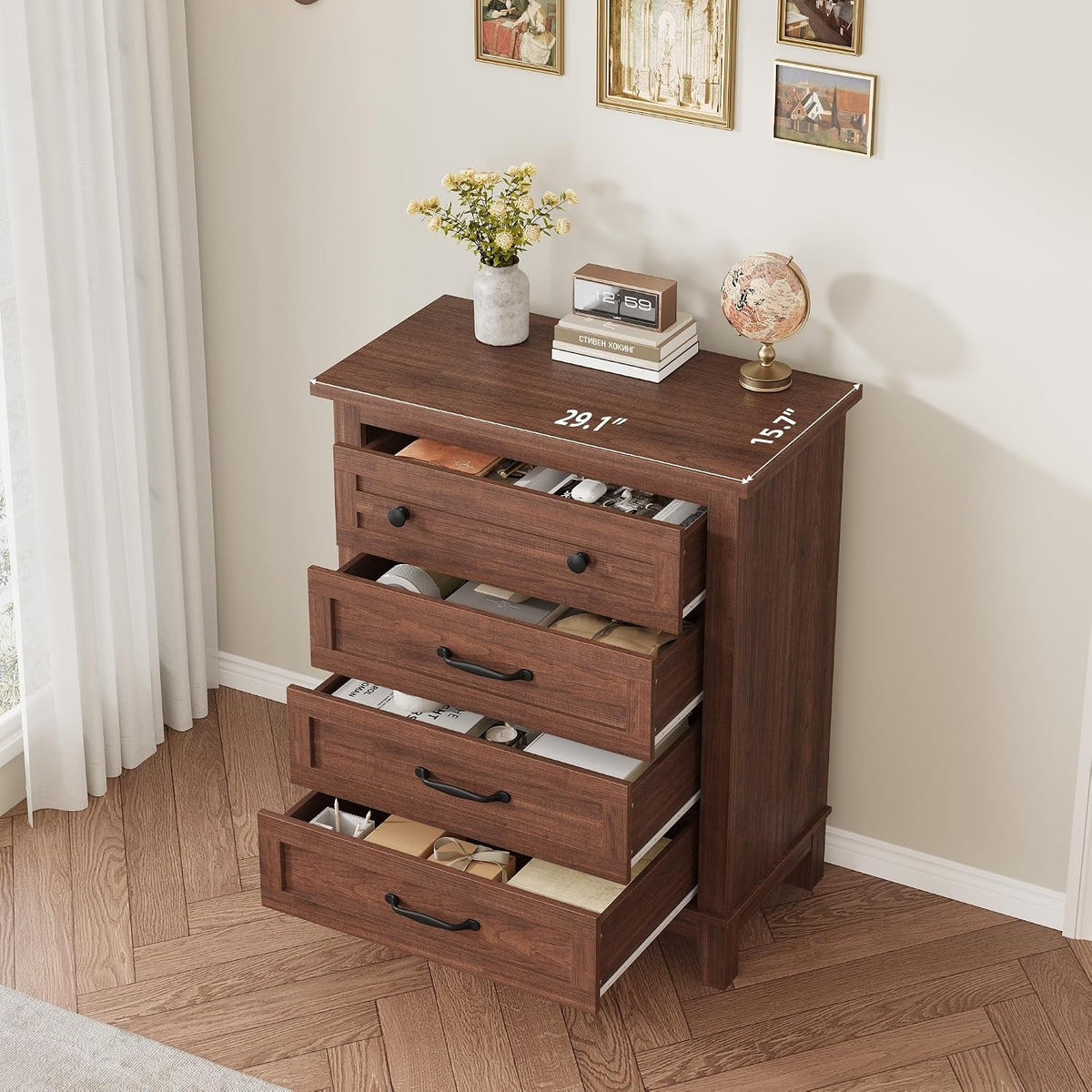 Four Drawer Walnut Vertical Bedroom Storage Dresser