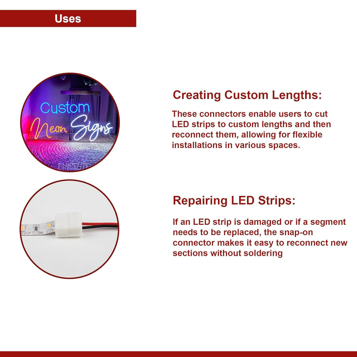 2 Pin LED Strip Light Accessories Connectors Clip to Clip with Cable~3660
