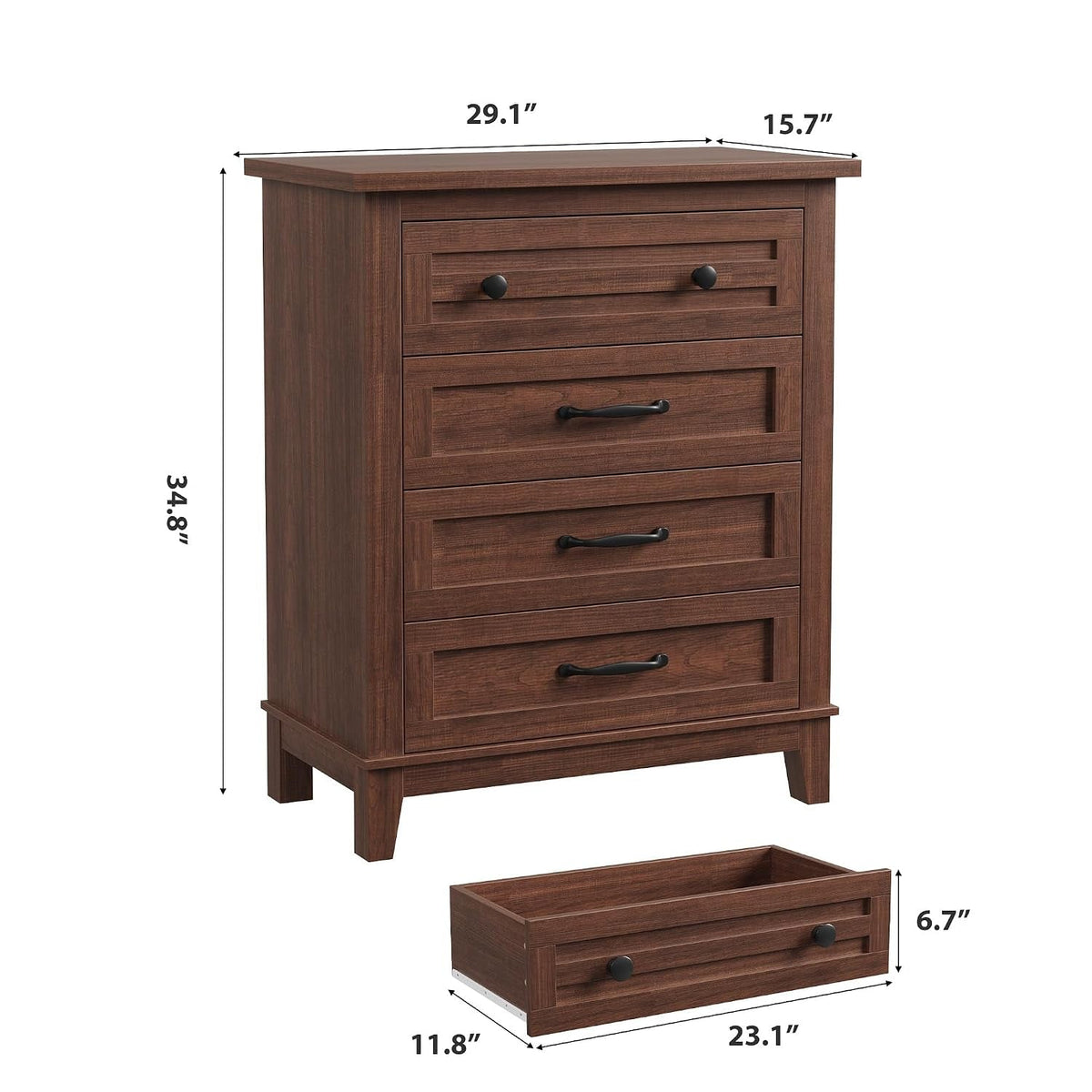 Four Drawer Walnut Vertical Bedroom Storage Dresser