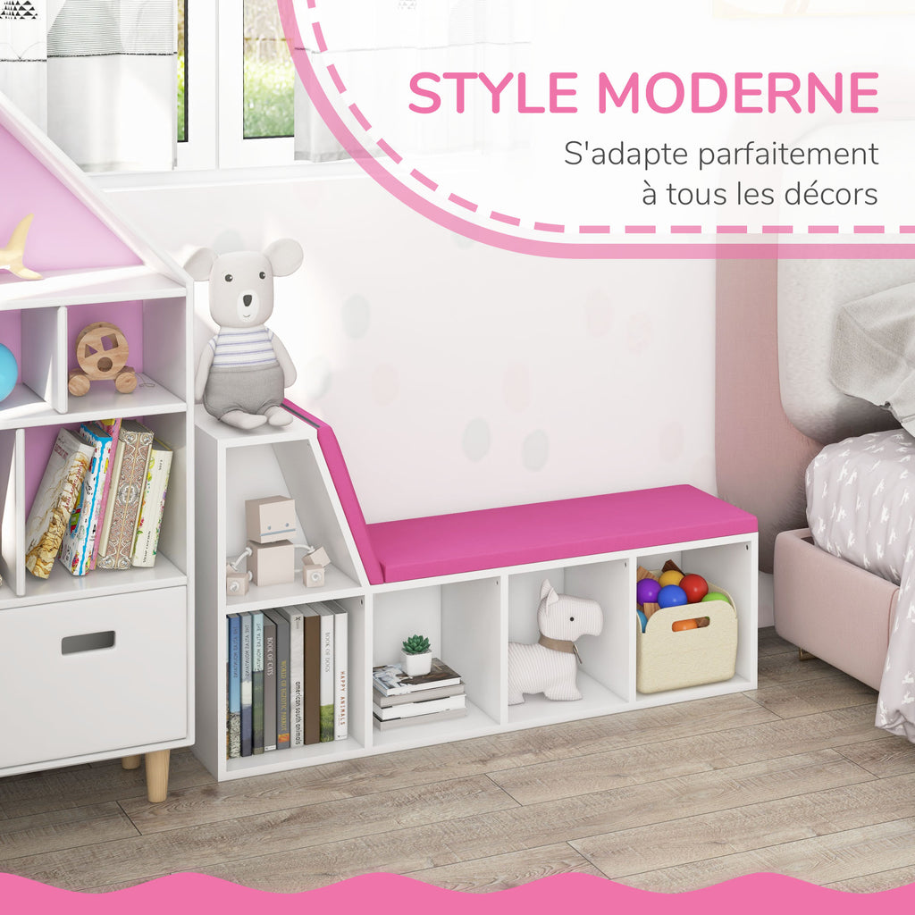 Bibliothèque banc 2 en 1 avec 5 compartiments de rangement et 2 coussins 108 x 30 x 60 cm blanc rose