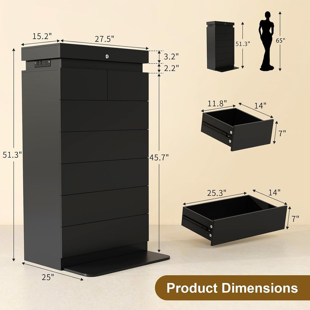 Contemporary Black Dresser Seven Drawers Led Lighting Strip