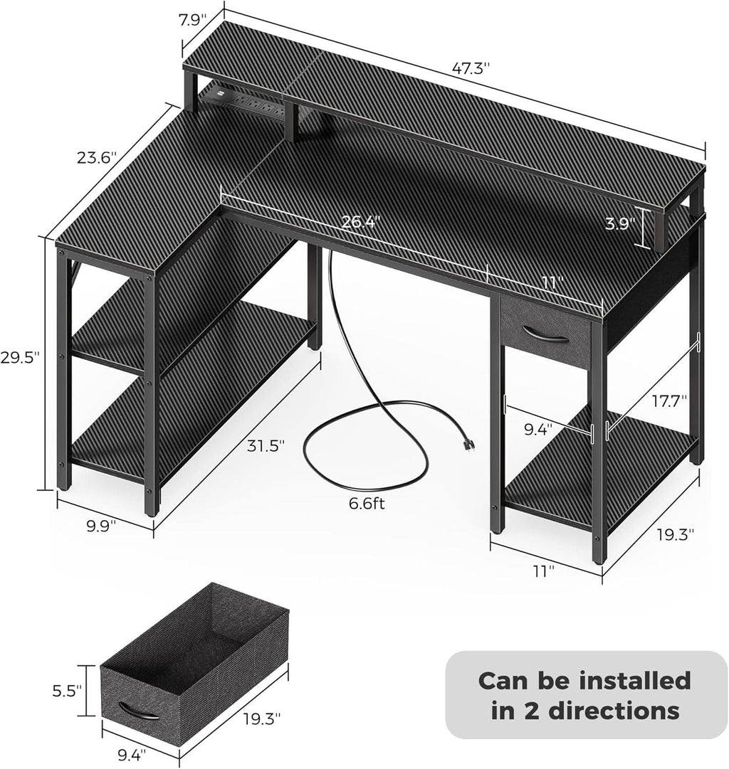 47 Inch L Shaped Gaming Computer Desk Power Outlets Plus