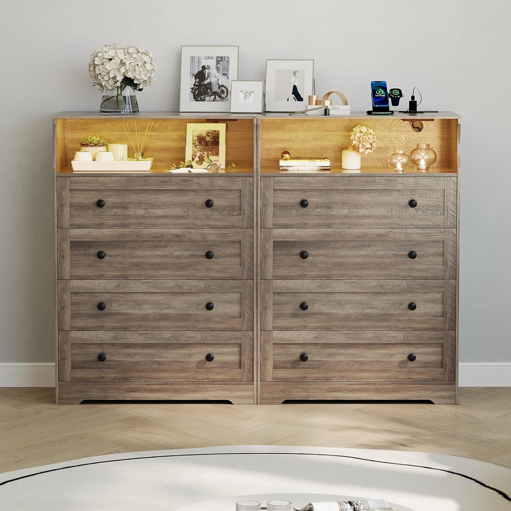 Premium Tall Gray Wood Dresser With LED Lighting System