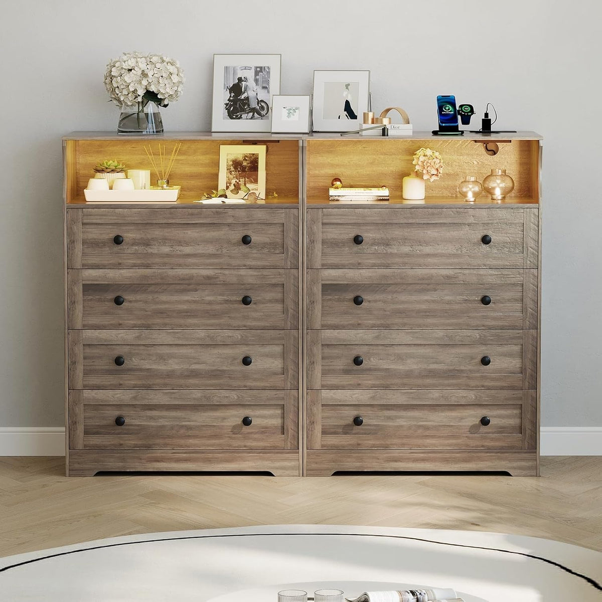 Premium Tall Gray Wood Dresser With LED Lighting System