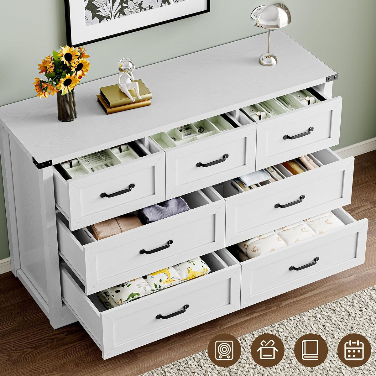 Seven Drawer Wooden Bedroom Storage Dresser Organizer With Metal Handles