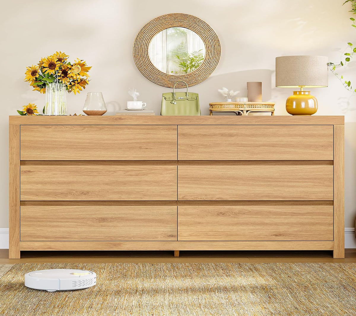 55 Inch Natural Contemporary Wooden Bedroom Dresser Six Drawers