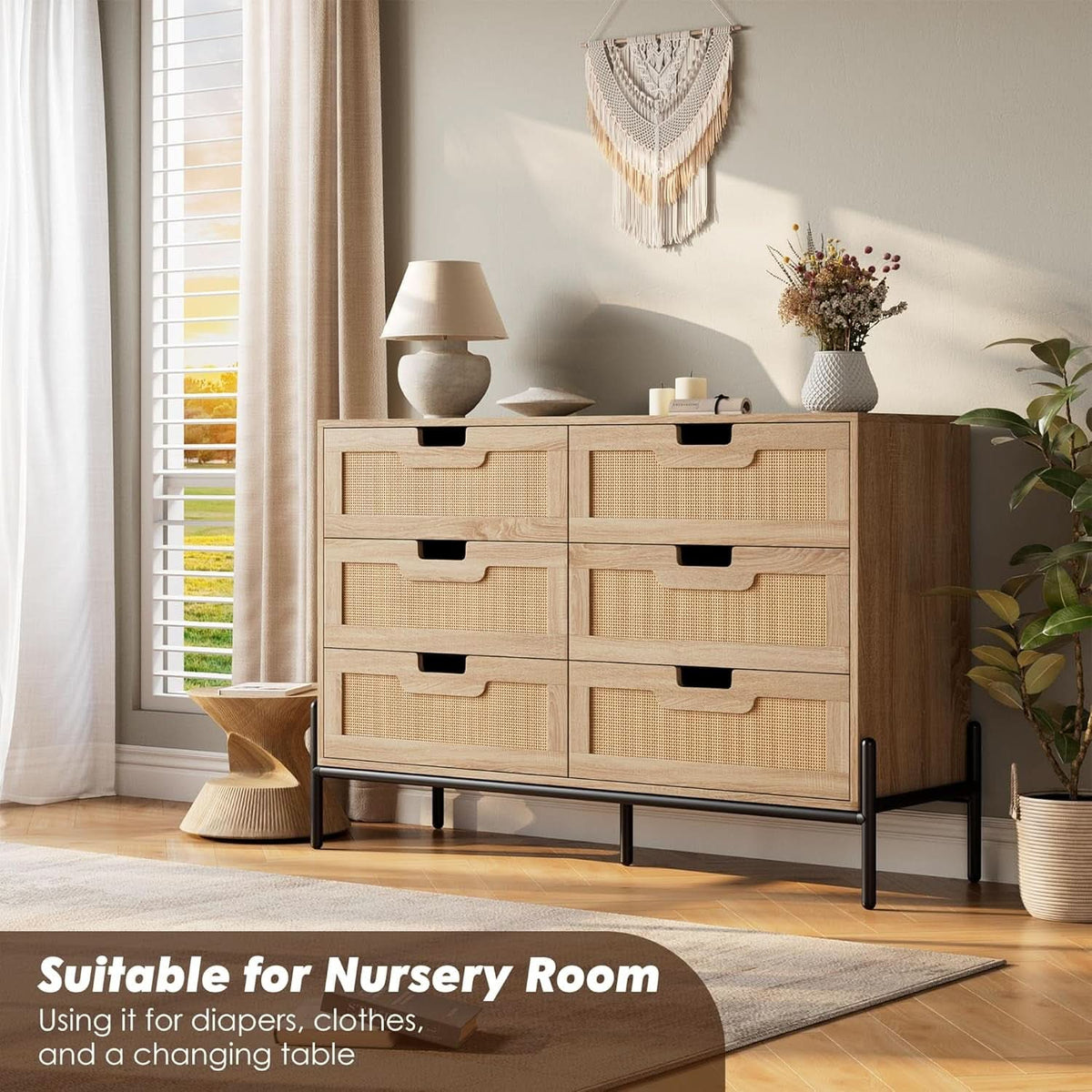 Rattan Open work Braided Chest Of Six Drawers Walnut Finish