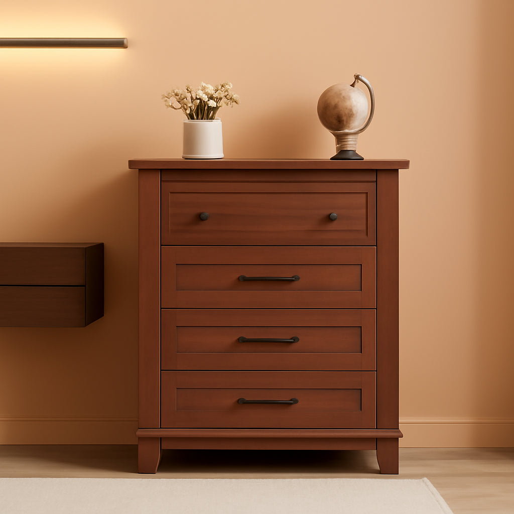 Four Drawer Walnut Vertical Bedroom Storage Dresser