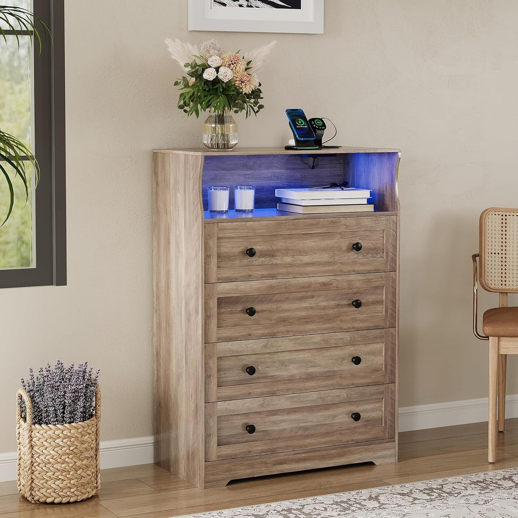Premium Tall Gray Wood Dresser With LED Lighting System
