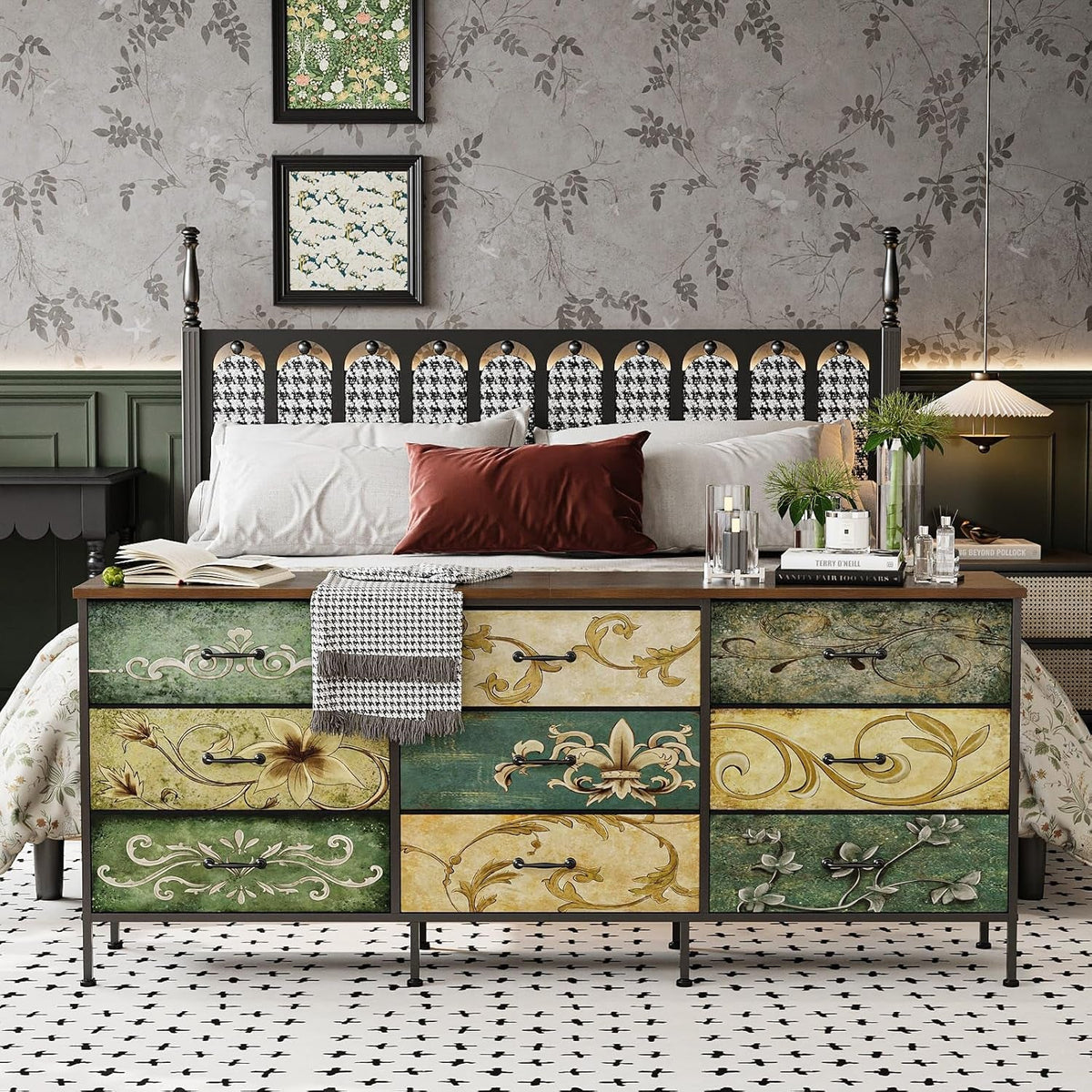Oversize Nine Drawer Fabric Dresser Floral Pattern