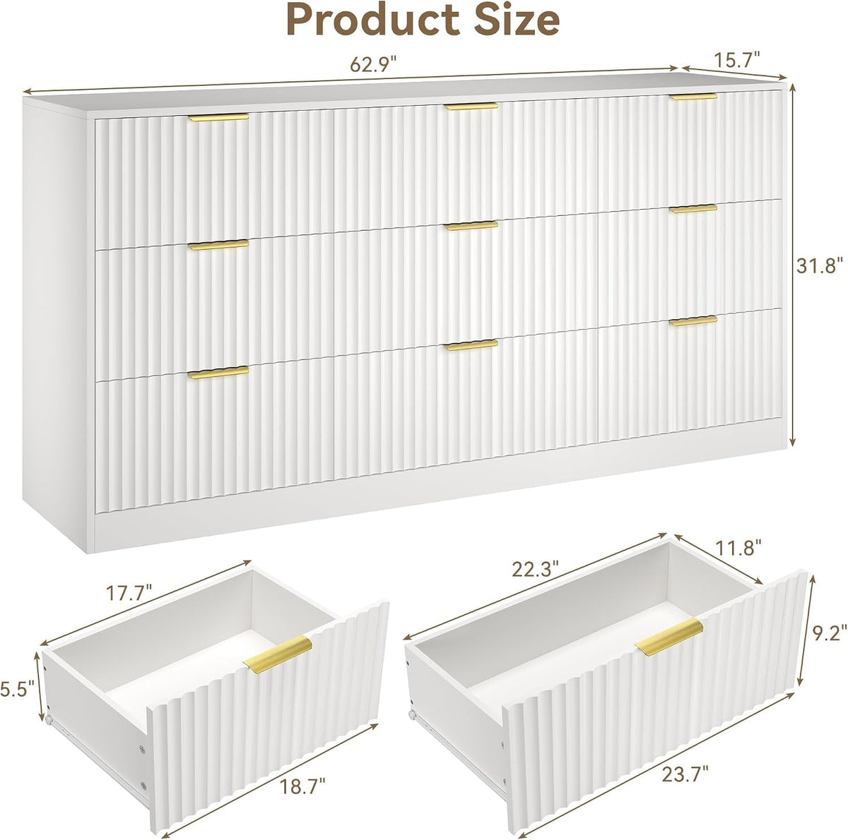 White 9 Drawer Dresser for Bedroom, 63" Wide Modern Fluted Chest of Drawers, Wooden Dresser with Gold Metal Handles, Mid Century Large Dresser TV Stand for Living Room Hallway