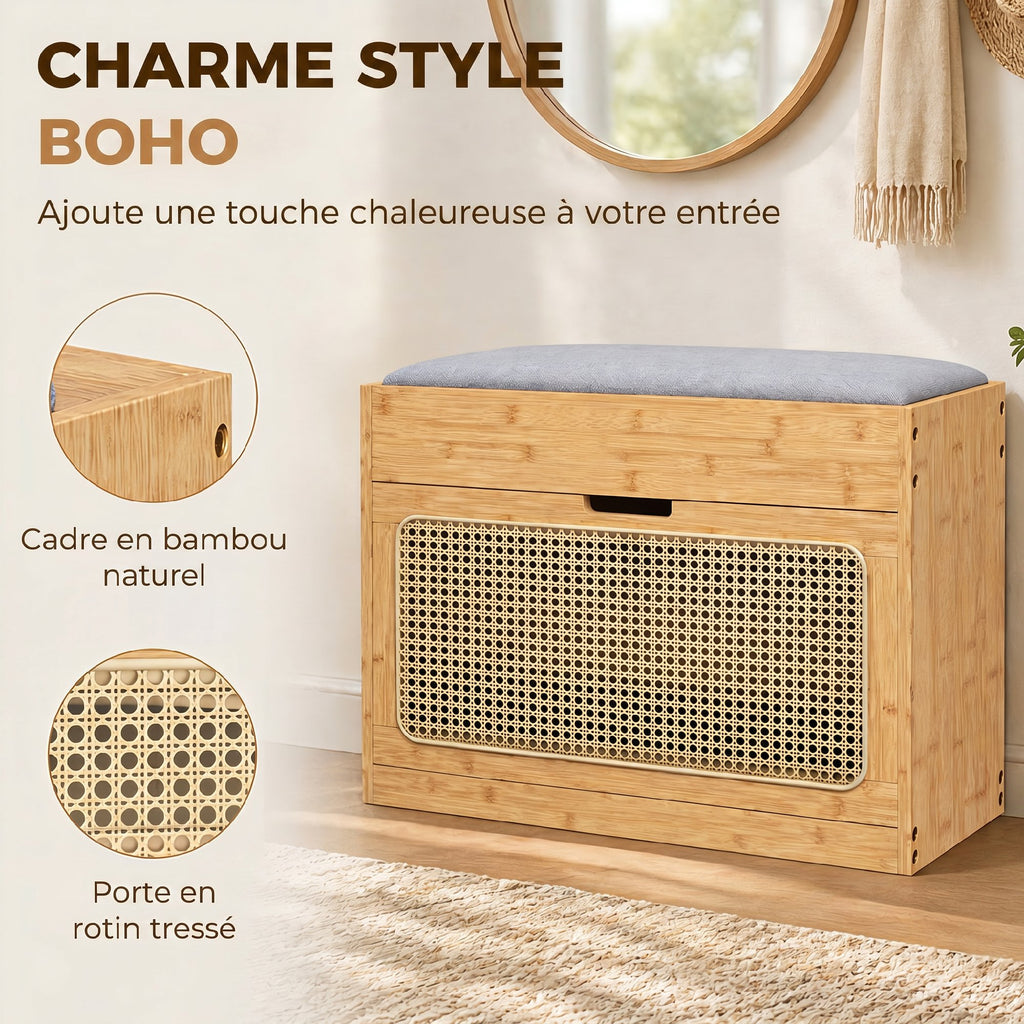 Banc chaussures entrée, banc de rangement en bambou, assise rembourrée, porte en rotin et étagère réglable, bois naturel