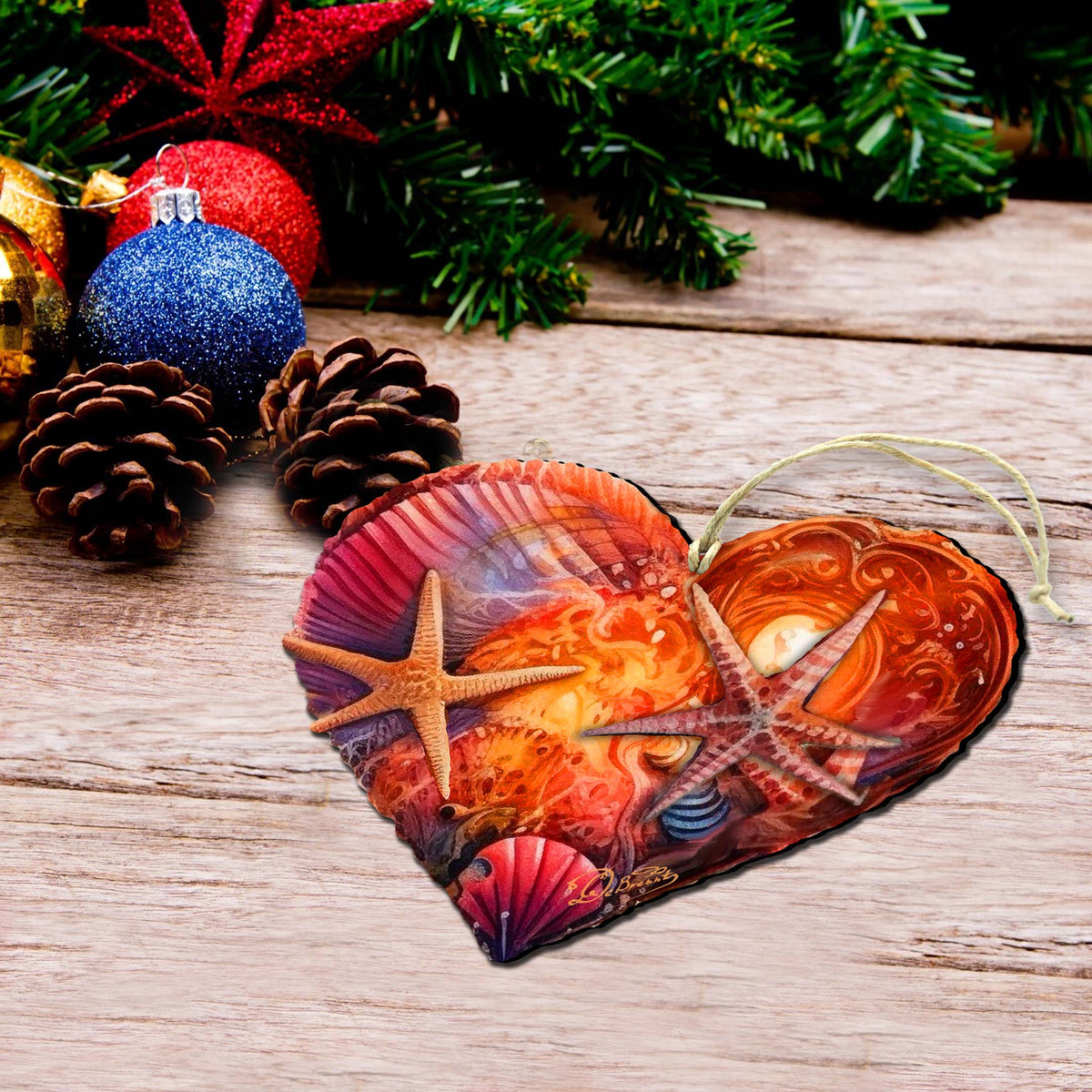 Holiday Coastal Ornaments - Coastal Heart Wooden Ornaments by G.Debrekht Coastal Holiday Decor - 8688199