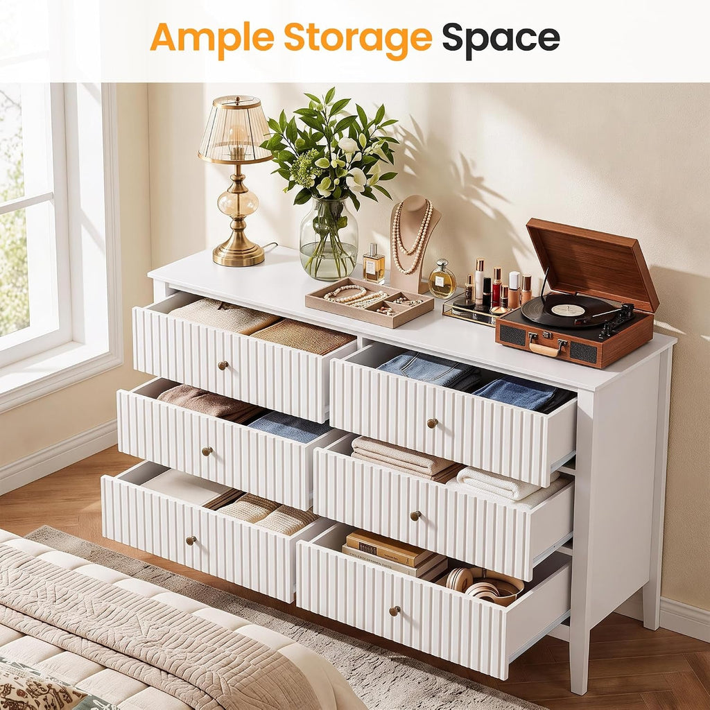 White 6 Drawers Fluted Contemporary Storage Dresser